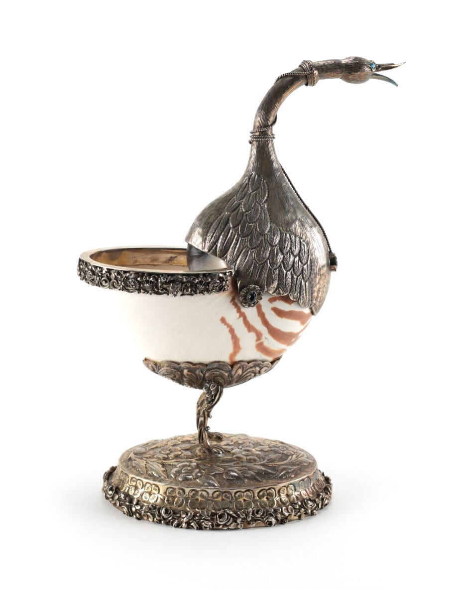 Zilveren Wunderkammer tafelstukken met Nautilusschelp – Hanau Dingeldein (ca. 1900) – Vergulde Kat