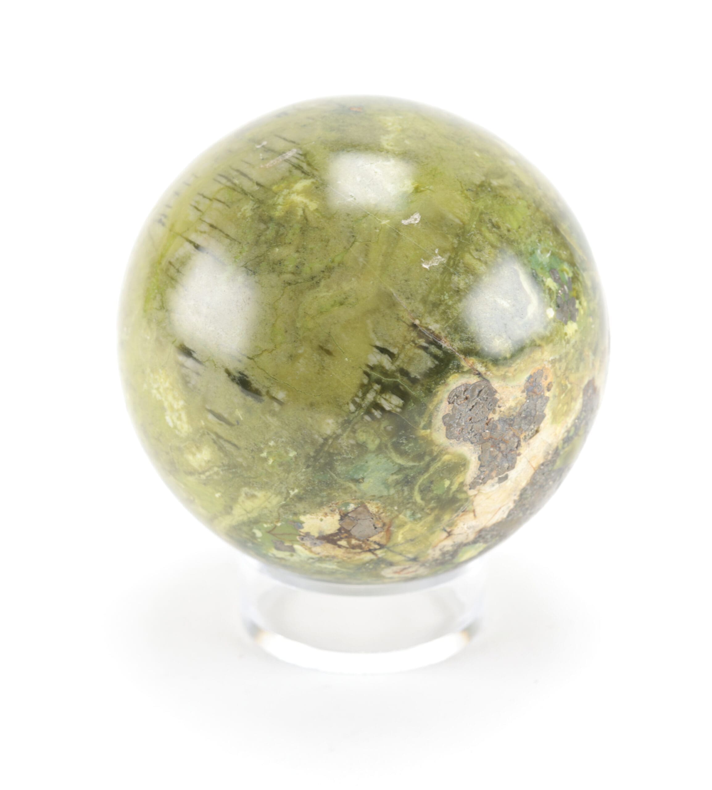 Groene Jaspis bol met Pyriet (862 gram, 9 cm) – Wunderkammer mineraal – detailfoto