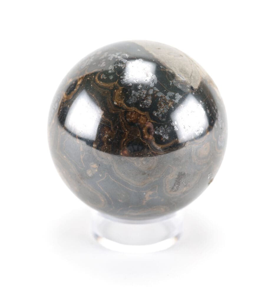 Zwarte Orbiculaire Jaspis bol (1288 gram, 8,5 cm) – Wunderkammer mineraal – Vergulde Kat