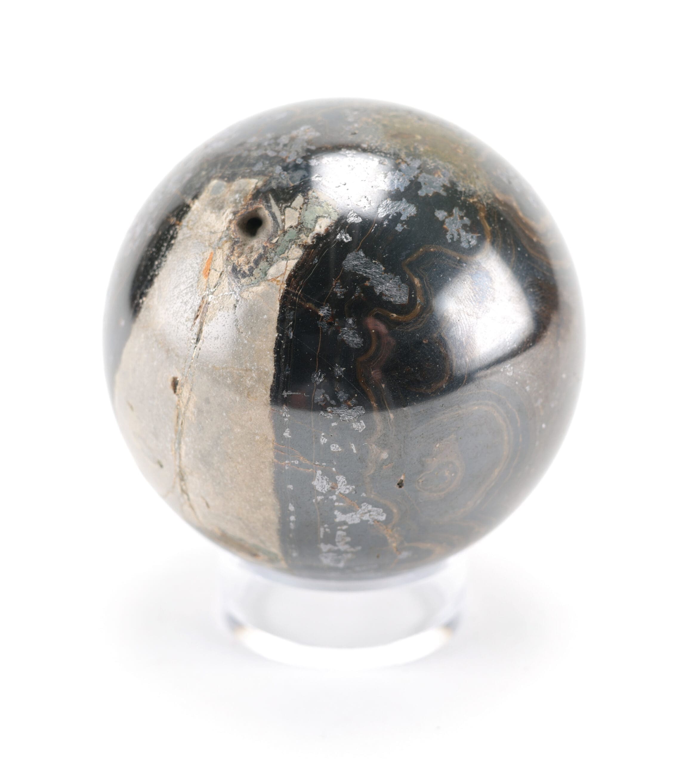 Zwarte Orbiculaire Jaspis bol (1288 gram, 8,5 cm) – Wunderkammer mineraal – detailfoto