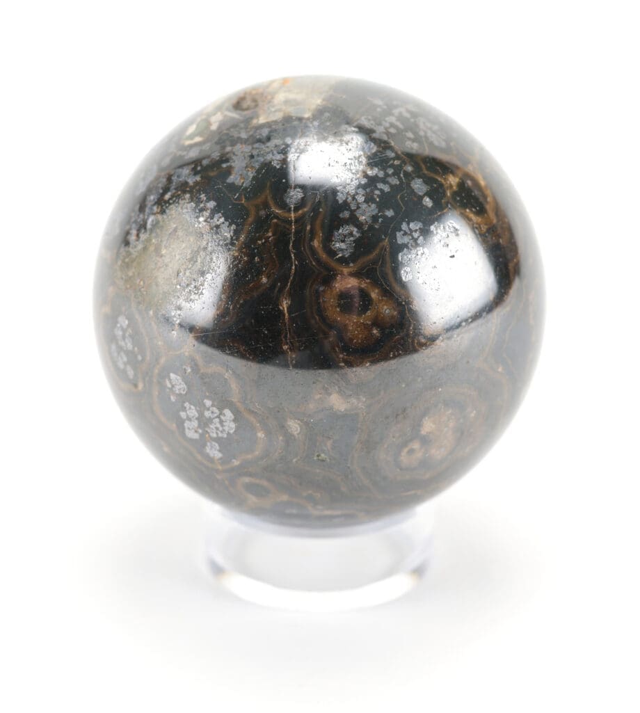 Zwarte Orbiculaire Jaspis bol (1288 gram, 8,5 cm) – Wunderkammer mineraal – Vergulde Kat