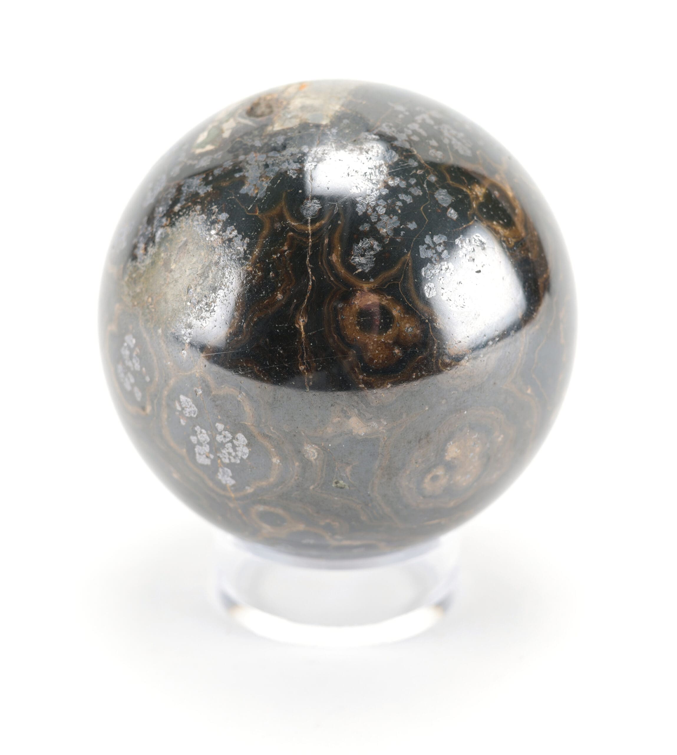 Zwarte Orbiculaire Jaspis bol (1288 gram, 8,5 cm) – Wunderkammer mineraal – detailfoto