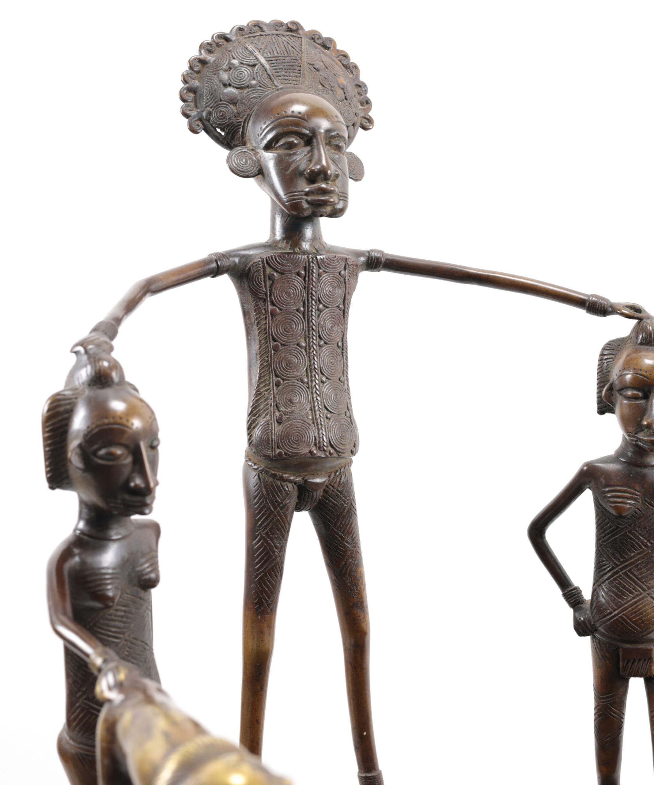 Ceremoniële stoel troon Kameroen – messing – koningsfiguur – detailfoto